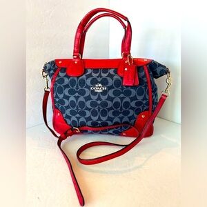Coach NWOT “Mickie” Signature Print Denim With Croc Red Leather Trim Satchel
